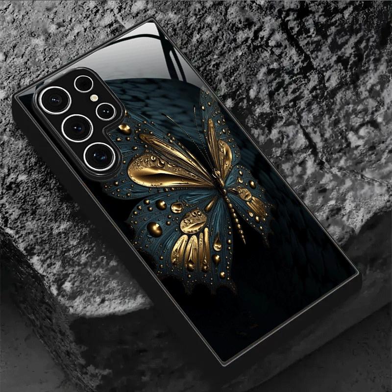 Black Gold Butterfly Pattern Glass Phone Case Suitable for Samsung Galaxy S26 S25 S24 S23 S22 S21 S20 FE/Ultra/Plus Anti Drop