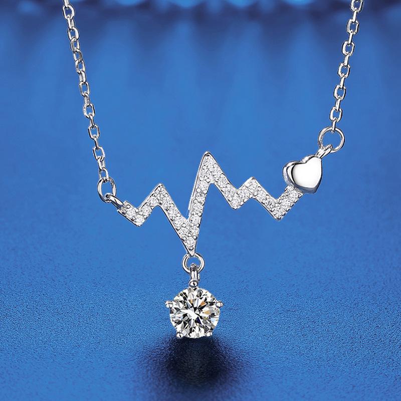 

S925 Sterling Silver Heartbeat Moissanite Necklace - Non-Fading, Non-Allergenic Choker Pendant 0.5ct Zirconia