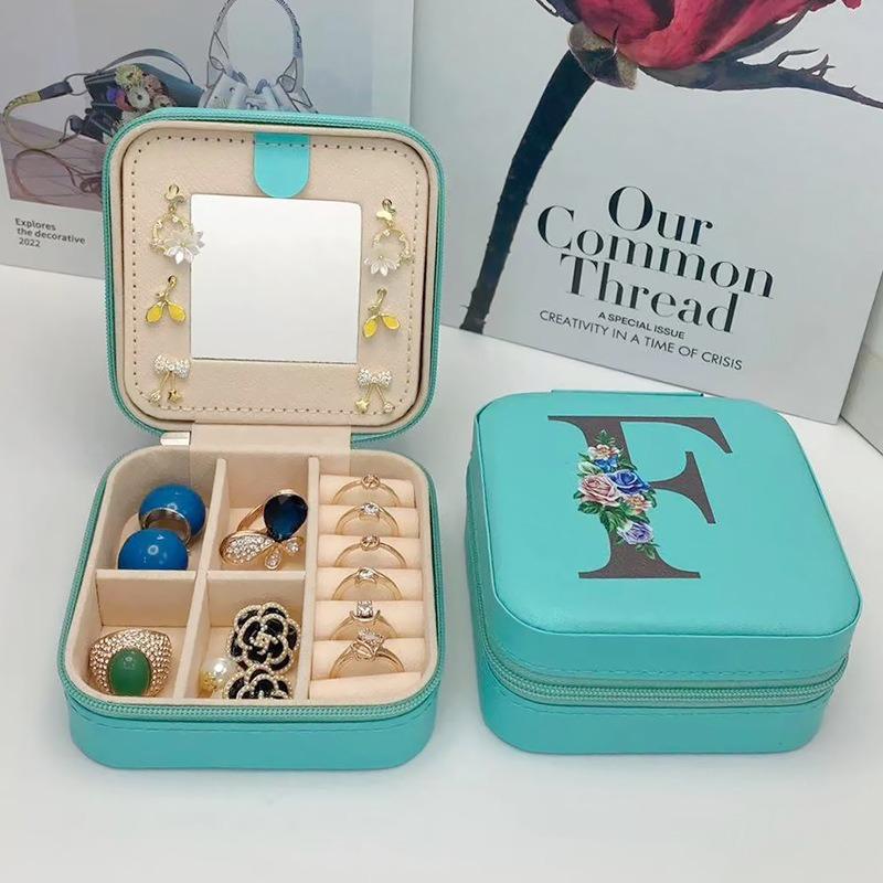 PU Leather Jewelry Box Mirror Storage Box 26 Letter Printed Portable Jewelry Organizer Earring Ring Necklace Case