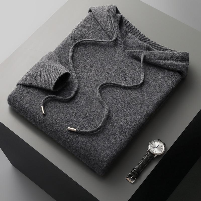 Herrenmode Nahtloser Frühlings- und Herbst-Kaschmirpullover Herren-Kapuzenpullover Einfarbig Gestrickter Woll-Kapuzenpullover Herren
