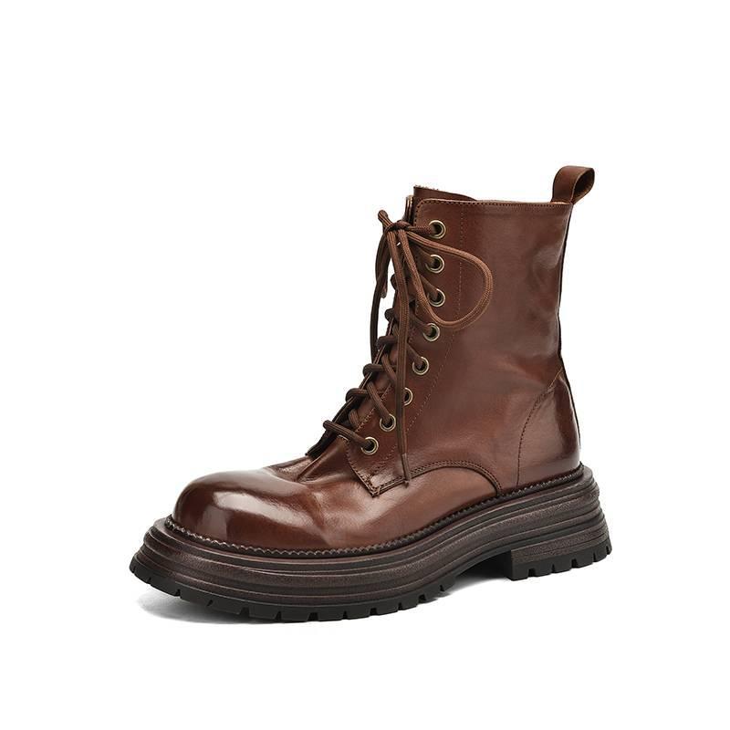 Neue runde Zehenpartie mittlerer Absatz große Größe Ritterstiefel Leder bequem dicksohlige Schnürstiefel Damen Herbst und Winter Rindsleder mittelhohe Stiefel Damen