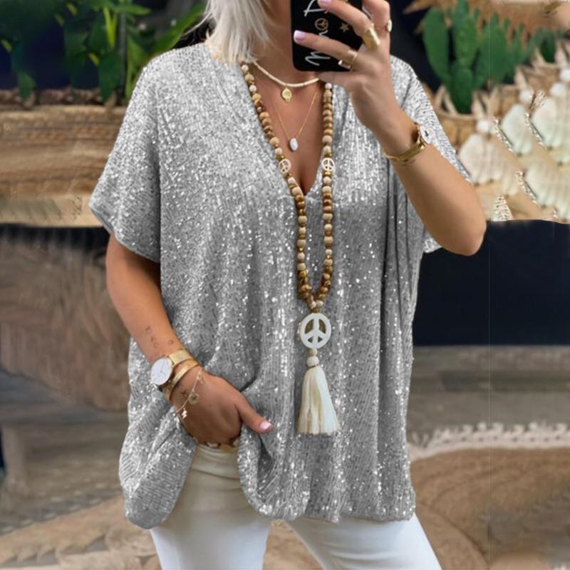 Fashion Short Sleeved V-neck Sequined Women T-shirt Casual Loose Pullover Top Elegant Plus Size Simple Office Shirts Women's Clothing