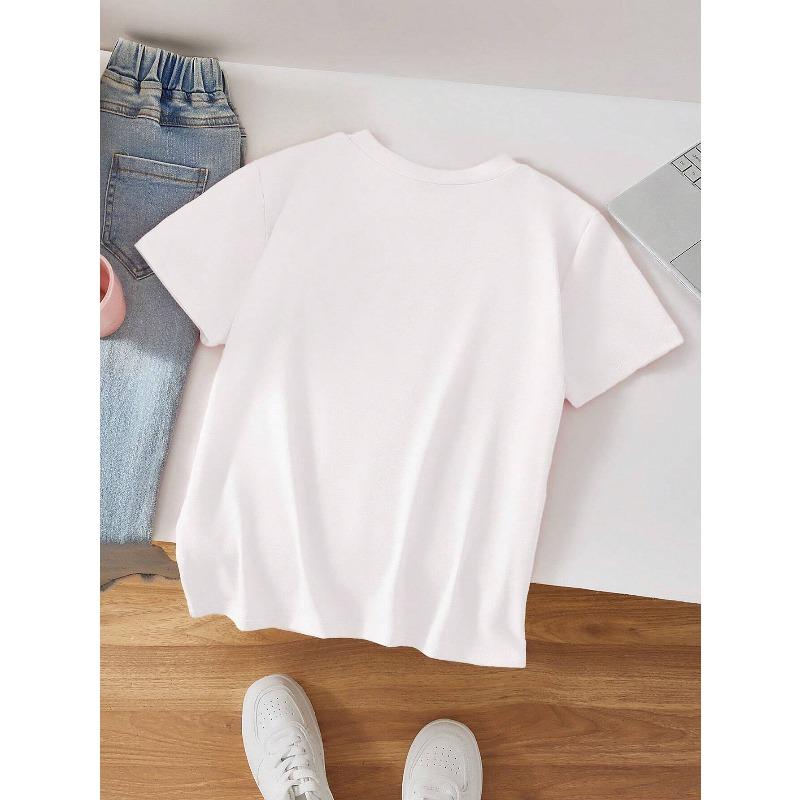 European sizes Cute Cat in a Cup Print Girls' Crew Neck T-Shirt | Casual and Relaxing, Ideal for Spring/Summer, Knit Fabric with Slight Stretch