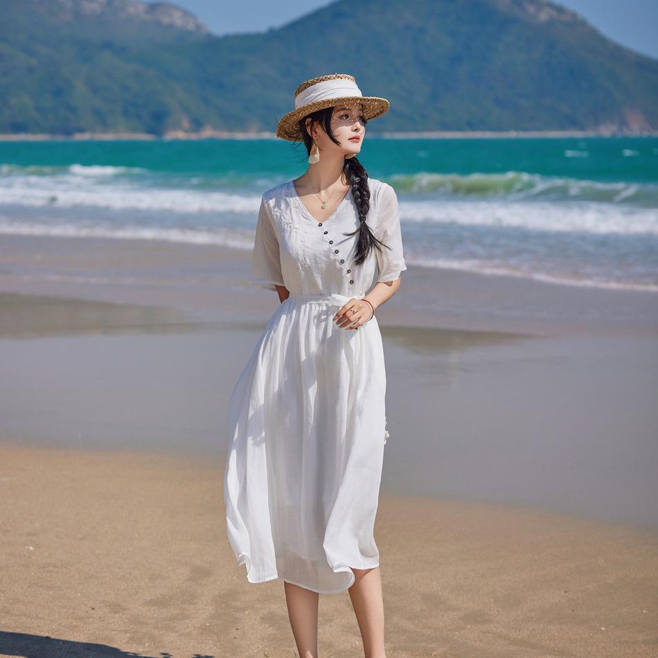 2024 Embroidered Ramie V-Neck Women's Mid-Sleeve Long Dress