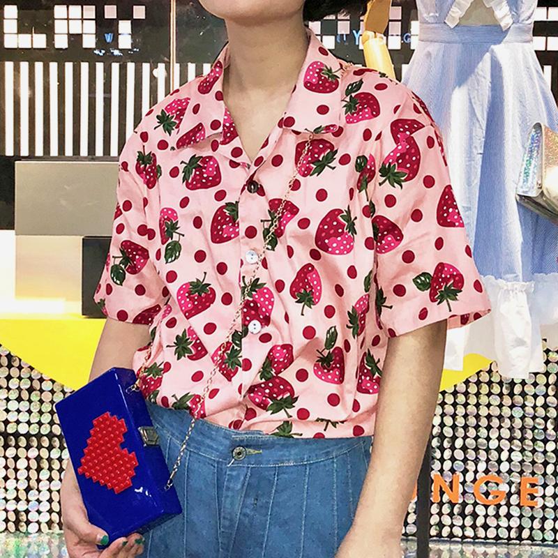 Japonia Kawaii Fructe Căpșuni Graffiti Cămașă Cu Nasturi Dulce Fată Adolescenți Cămăși POLO Topuri cu mânecă scurtă Moda coreeană Plajă