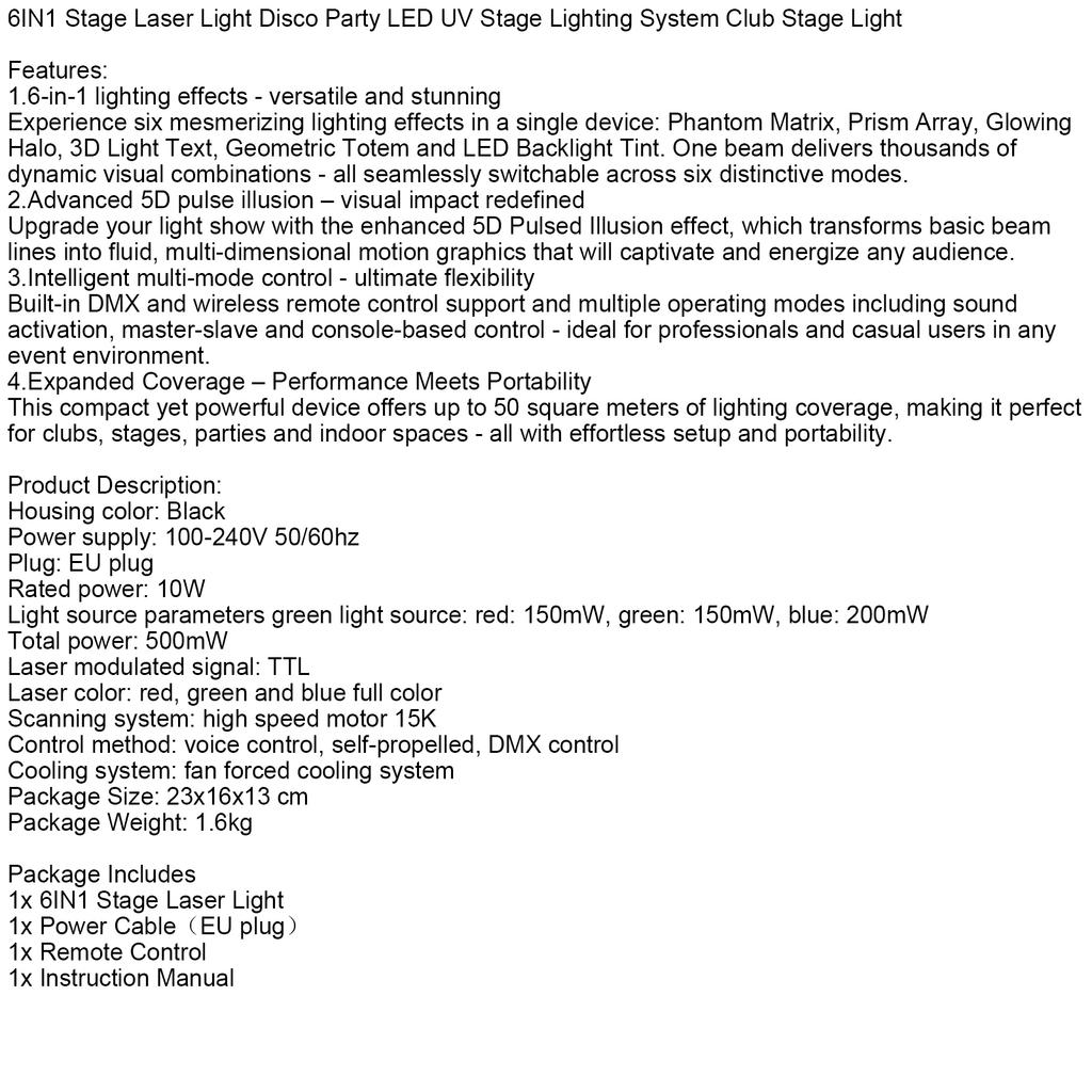 6IN1 Stage Laser Light Disco Party LED UV Stage Lighting System Club Stage Light