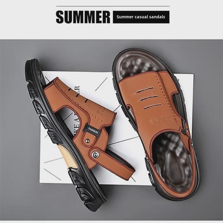 Aoweigezi 2023 Men's Summer Soft Leather Non-slip Beach Sandals with Thick Sole.