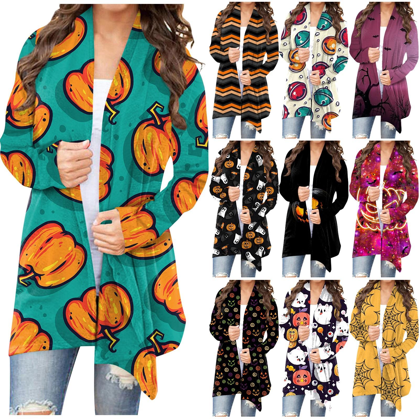 

Женская мода, повседневный кардиган с длинным рукавом и принтом на Хэллоуин, легкая куртка с принтом