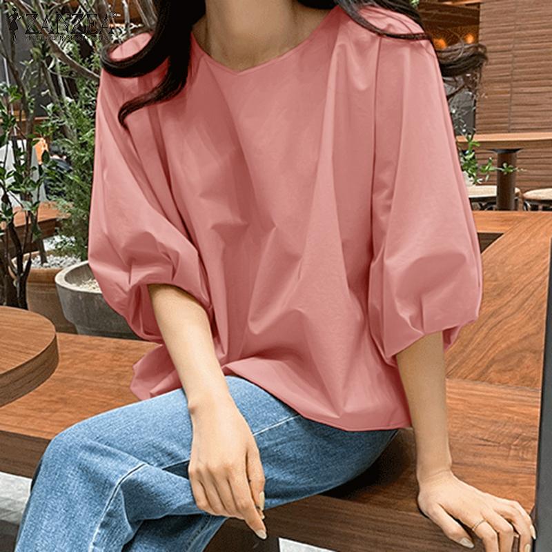 ZANZEA Womens Summer Casual Round Neck 3/4 Sleeve Loose Blouse