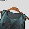 INCERUN Men O Neck Sleeveless Letter Print Lace Patchwork Cropped Irregular Tank Tops