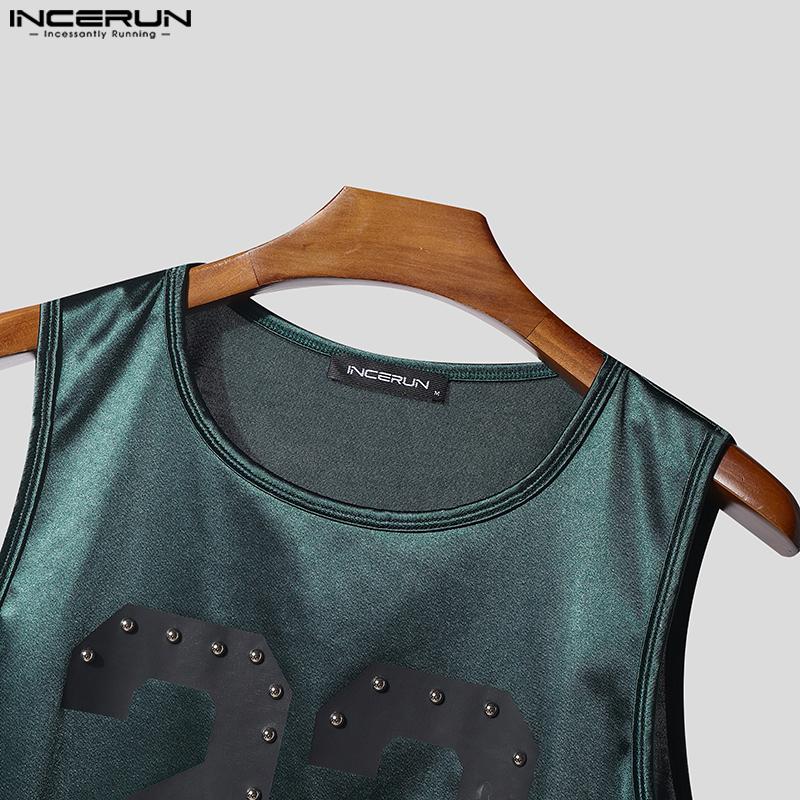INCERUN Men O Neck Sleeveless Letter Print Lace Patchwork Cropped Irregular Tank Tops