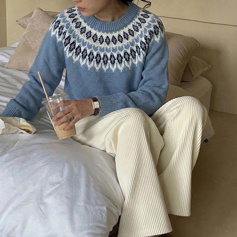 2026 Retro Ethnic Style Fair Isle Knit Sweater – Women's Loose Long Sleeve Round Neck