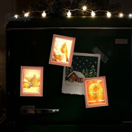 Retro Fridge Magnets 3Pcs Christmas Light-up Frame Refrigerator Magnet, Vintage Wooden Holiday Decorative Photo Holders Glowing Magnetic Picture