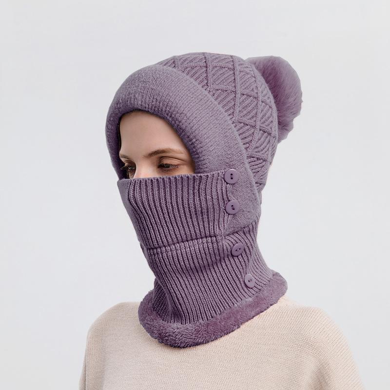 Hat and scarf integrated women's autumn and winter warm knitted hat cycling fleece pullover hat windproof ear protection wool hat