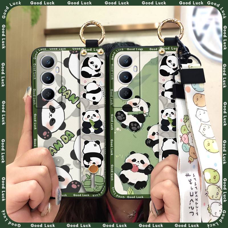 Wrist Strap Ring Phone Case For Realme C65 Waterproof Phone Holder Cute Protective Silicone Back Cover Panda Soft case