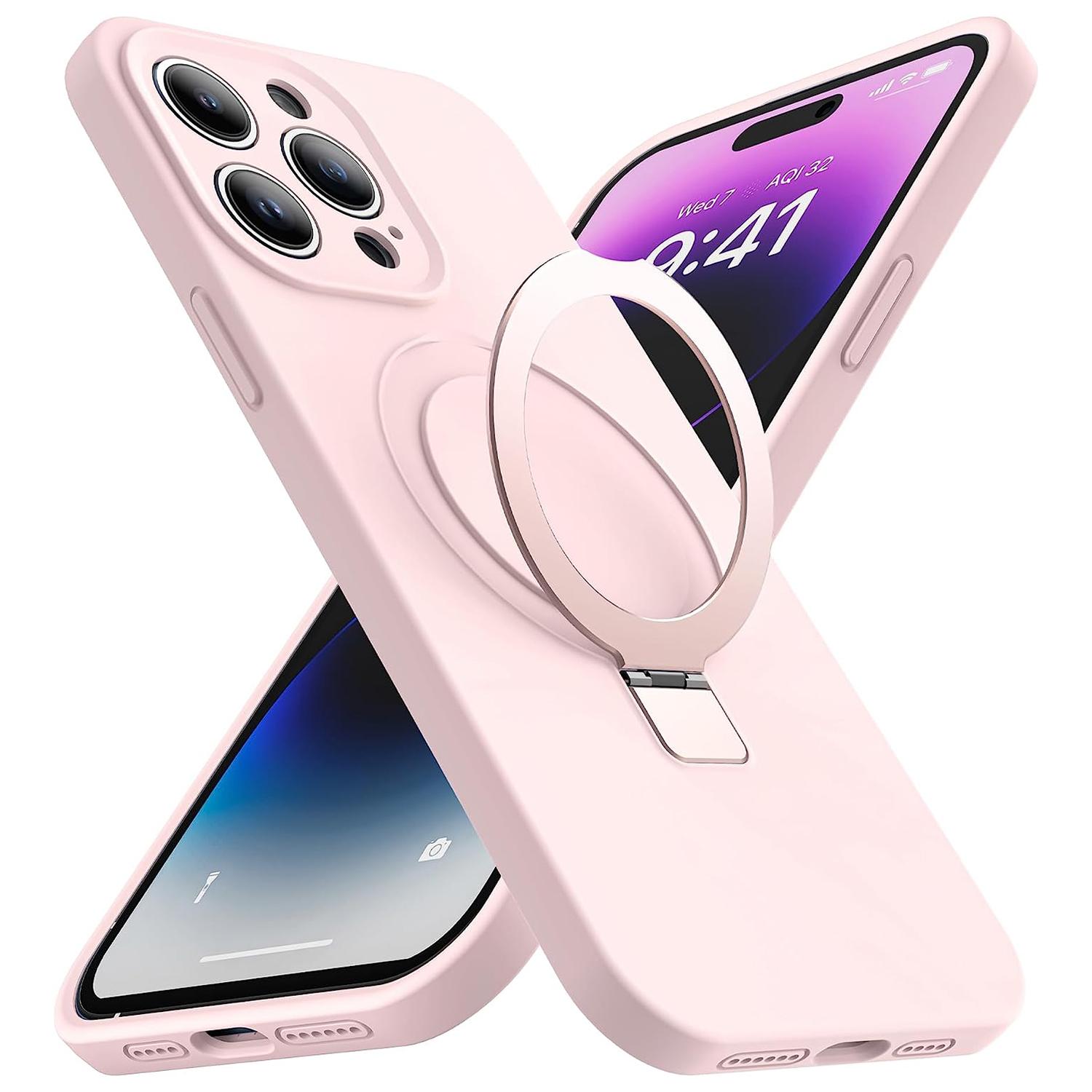 

For iPhone 14 Pro Max Compatible with MagSafe Phone Case Liquid Silicone Cover with Kickstand Design Pink