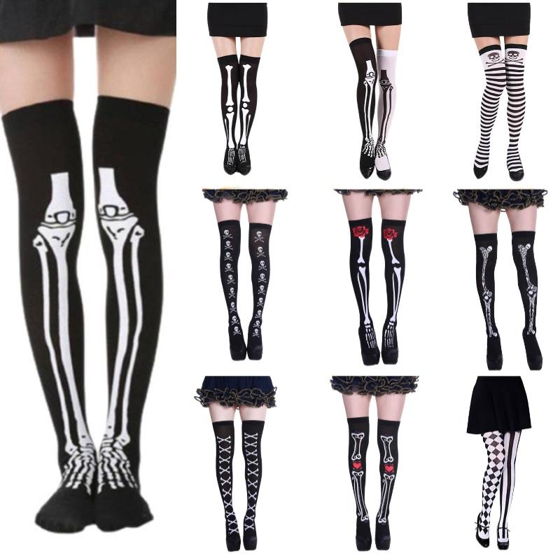 Skeleton Halloween Silk Stockings Woman Black Knee High Socks Ghost Props House