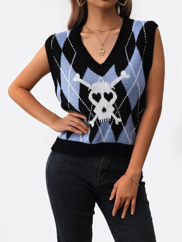 V-Neck Diamond Knit Skull Jacquard Vest Sweater