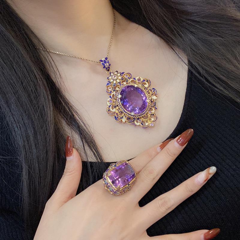 Imitation Enamel Gilded Color Italian Natural Amethyst Ring Pendant Set Palace Style Color Treasure Necklace Female