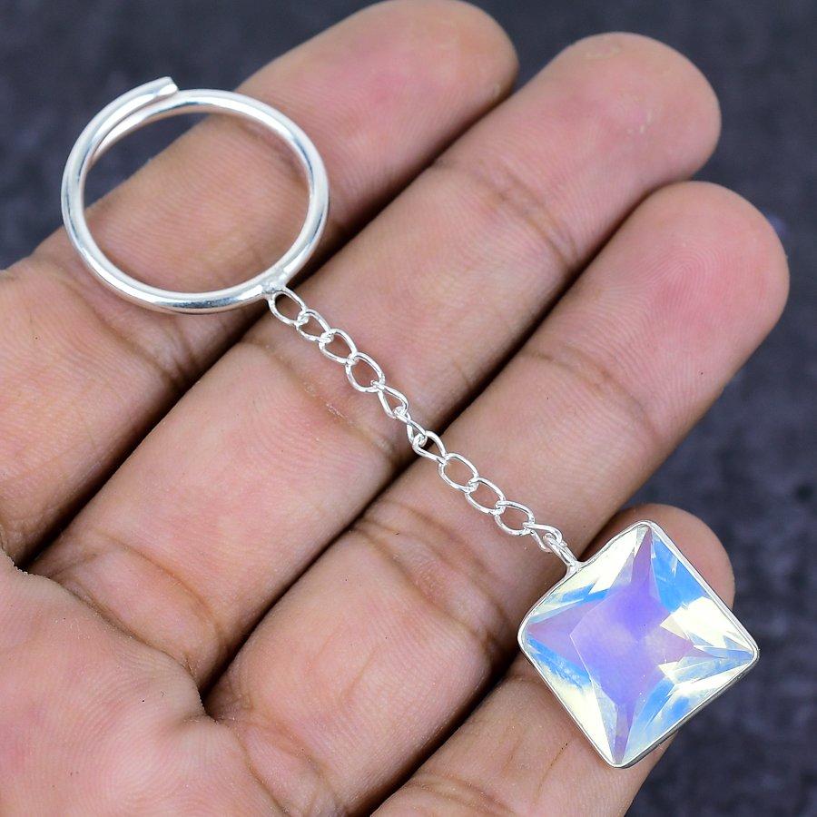 Natural Milky Opal Gemstone 925 Sterling Silver Jewelry Keychain 3.15" ETC-13841