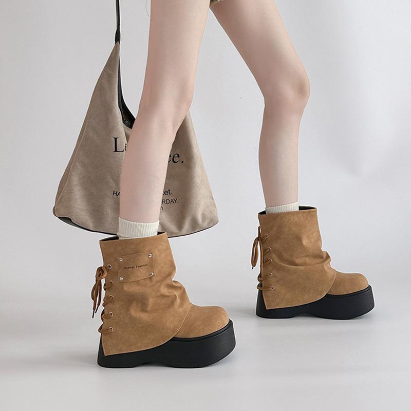 Retro Bak Snøring Skinny Tykke Støvletter Høst og Vinter Allsidige Bukse-Støvletter Dame Martin Støvletter Ridestøvletter