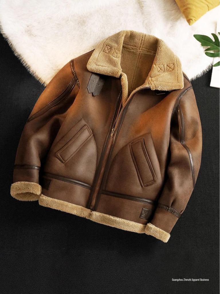 Men's Lambswool-Lined Leather Jacket with Fur Collar - Autumn/Winter Motorcycle Style