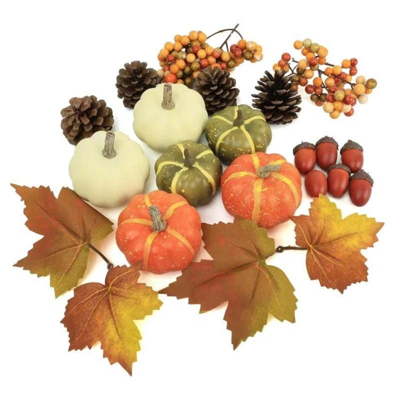 Indoor Harvest Styling Set with Faux Gourds, Natural Trim and Leaf Mix for Shelf and Entryway Indoor Presentation