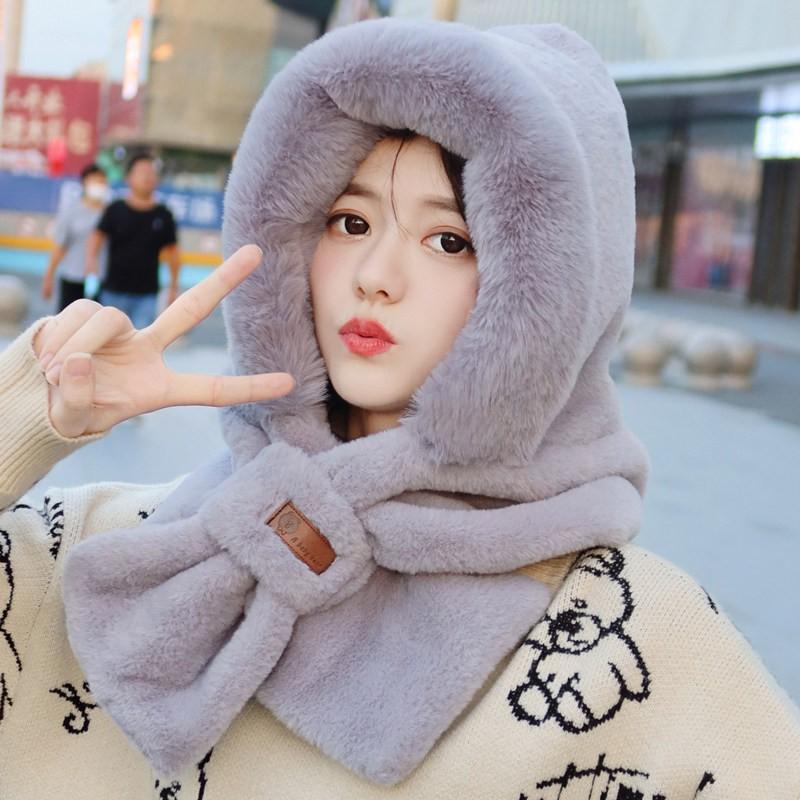 Womens Winter Knit Hooded Hat Scarf Combo With Ear Protection Cute Plush Warm Beanie Outdoor Walking Cycling