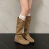 Comemore Khaki Retro Women's Long Boots Autumn Suede Solid Flat Bottom Ladies Shoes Belt Buckle Round Toe Knee High Knight Botas