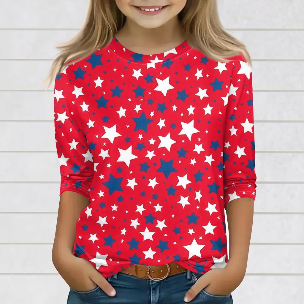 Print Tops For Youth Girls 3-10 Years Round Neck 3/4 Sleeves T-Shirts Trendy Tops Outfit Tees