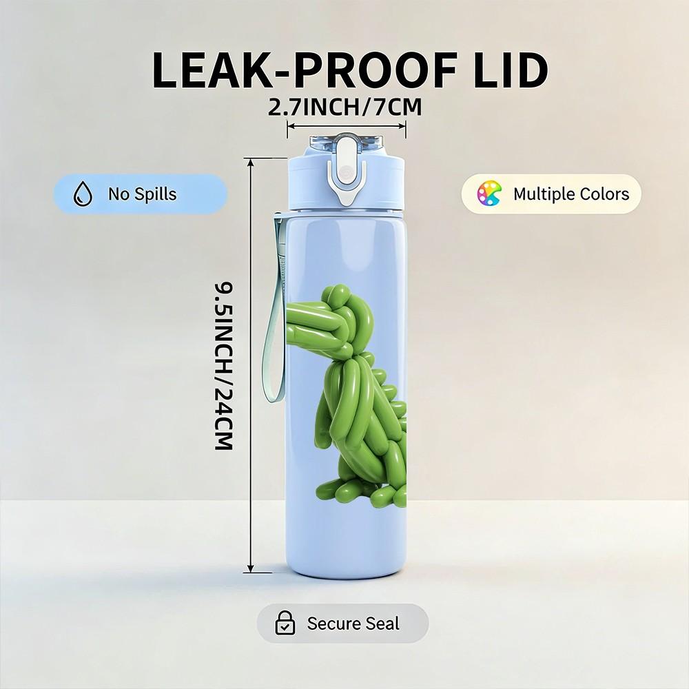 1PC Green Crocodile Cartoon 750ml Color Plastic Sports Water Bottle Leakproof Flip Straw Lid Suitable for Sports Office Home Use