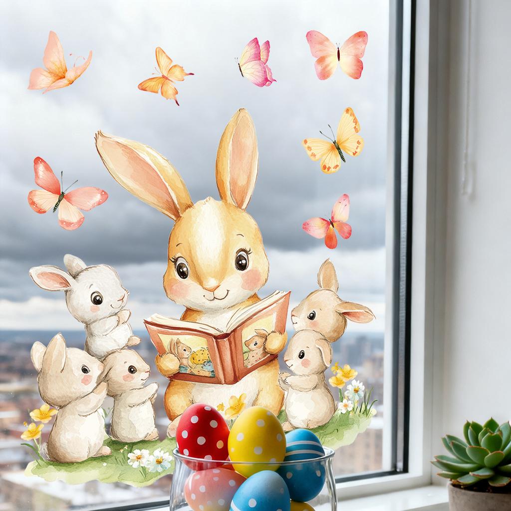 New 2026 Easter Bunny Static Cling Window Sticker for Glass Decoration Reading Companion