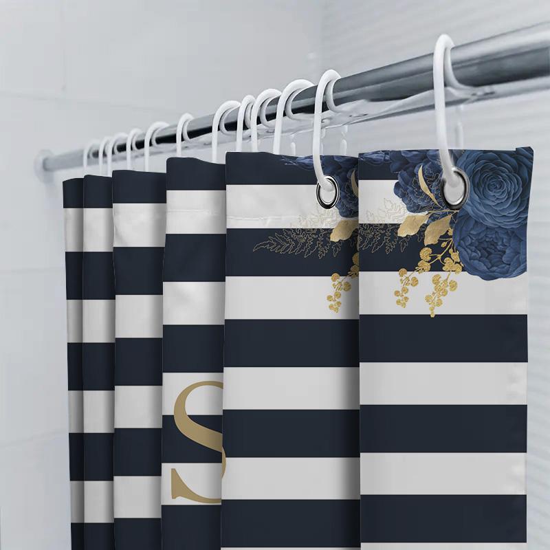 Blue Striped Shower Curtain With Gold Letter 'S' Decoration For Bathroom White And Blue Floral Design Waterproof Fabric Hanging