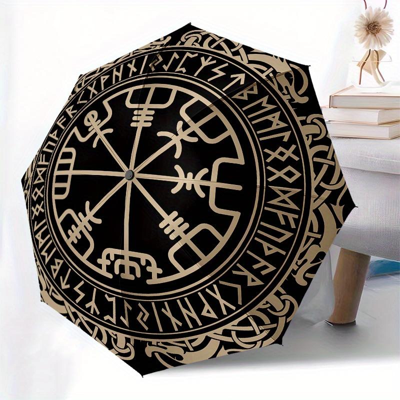 Viking Vegvisir Compass Norse Runes Umbrella - Automatic Open/Close, Black & Beige Norse Viking Design, Portable 3-Fold Compac