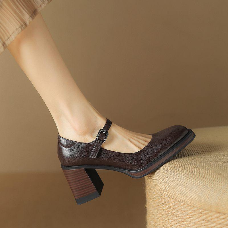 

Krazing Pot Sheepskin Round Toe Thick High Heels Summer Shoes Big Size 41 High Quality Metal Buckle Women Shallow Pumps 41 коричневий
