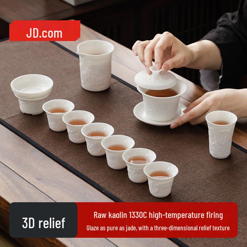 

Jingdong Crafted Mutton Fat Jade Gongfu Tea Set with Qingming Scroll Design
