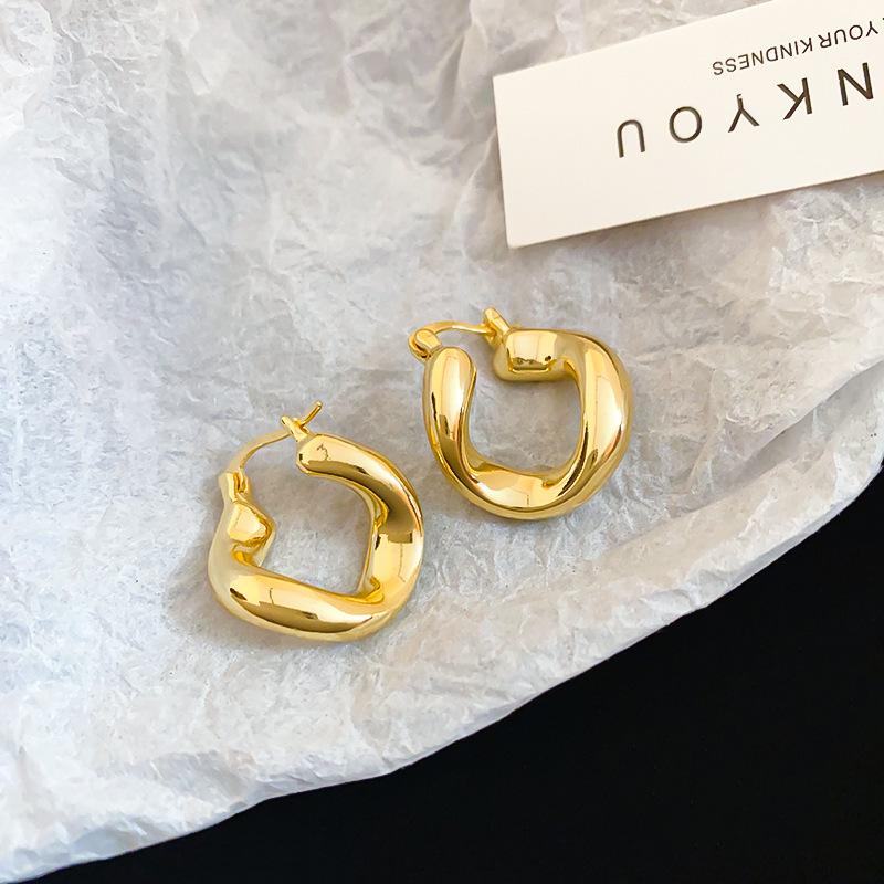 Gold French Simple Round Plain Ring Earrings Light Luxury Earrings Hong Kong Style Earrings