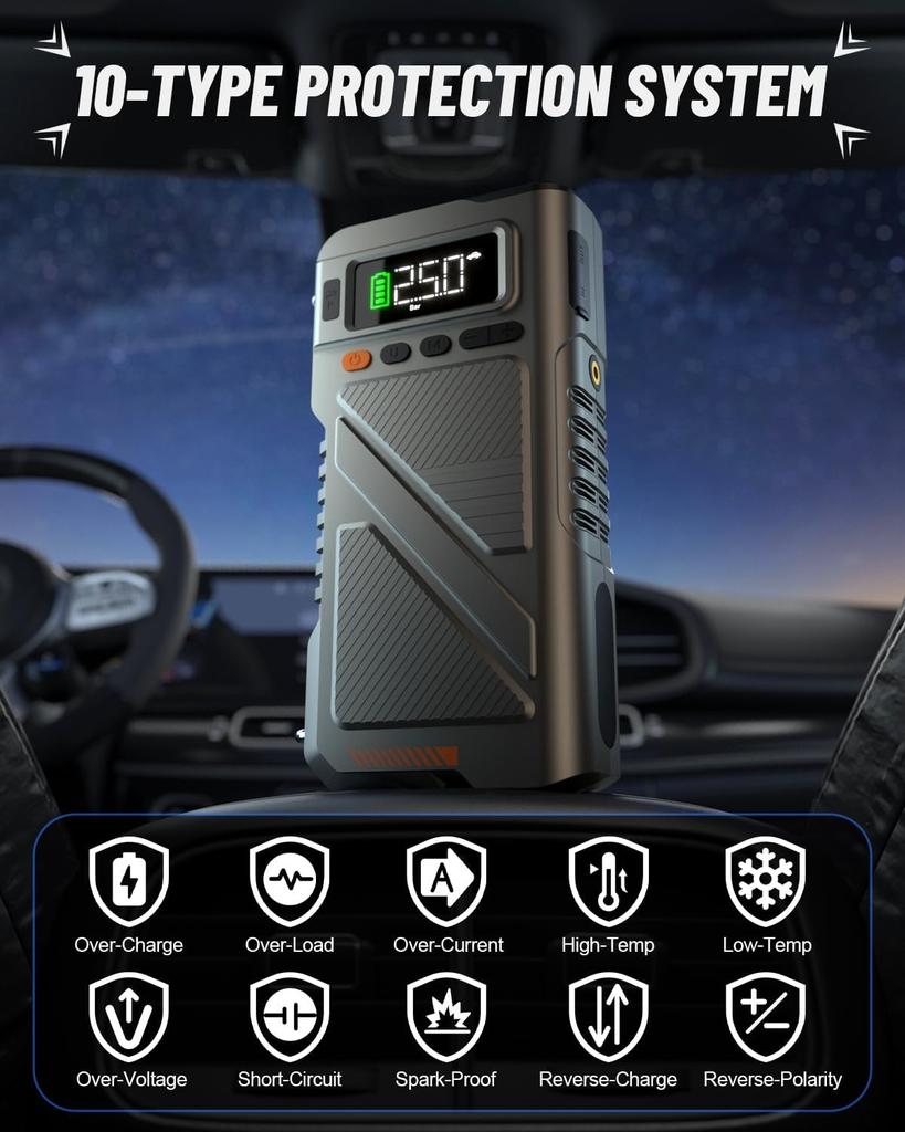 9000A Portable Jump Starter with Air Compressor, 150PSI Tire Inflator, 12V Car Jump Box with Extended Cables