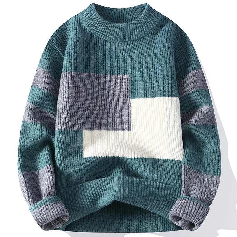 Men's Contrast Color Knitted Sweater - Loose, Trendy, Cozy, Winter Warmth
