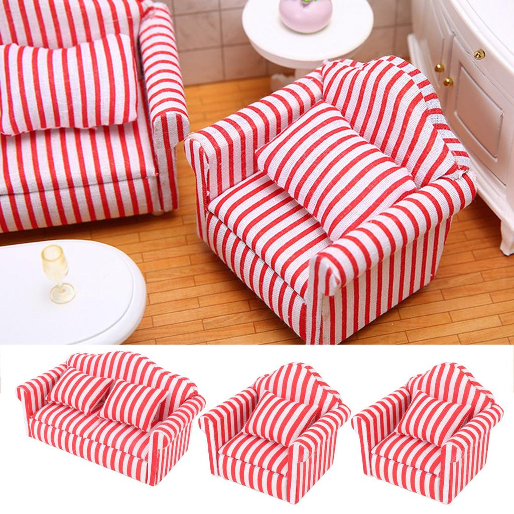 3Pcs   Sofa Set Pine Cloth Double Sofa 2 Single Sofa Light Color Strip  ature Sofa for 1:12 Doll House
