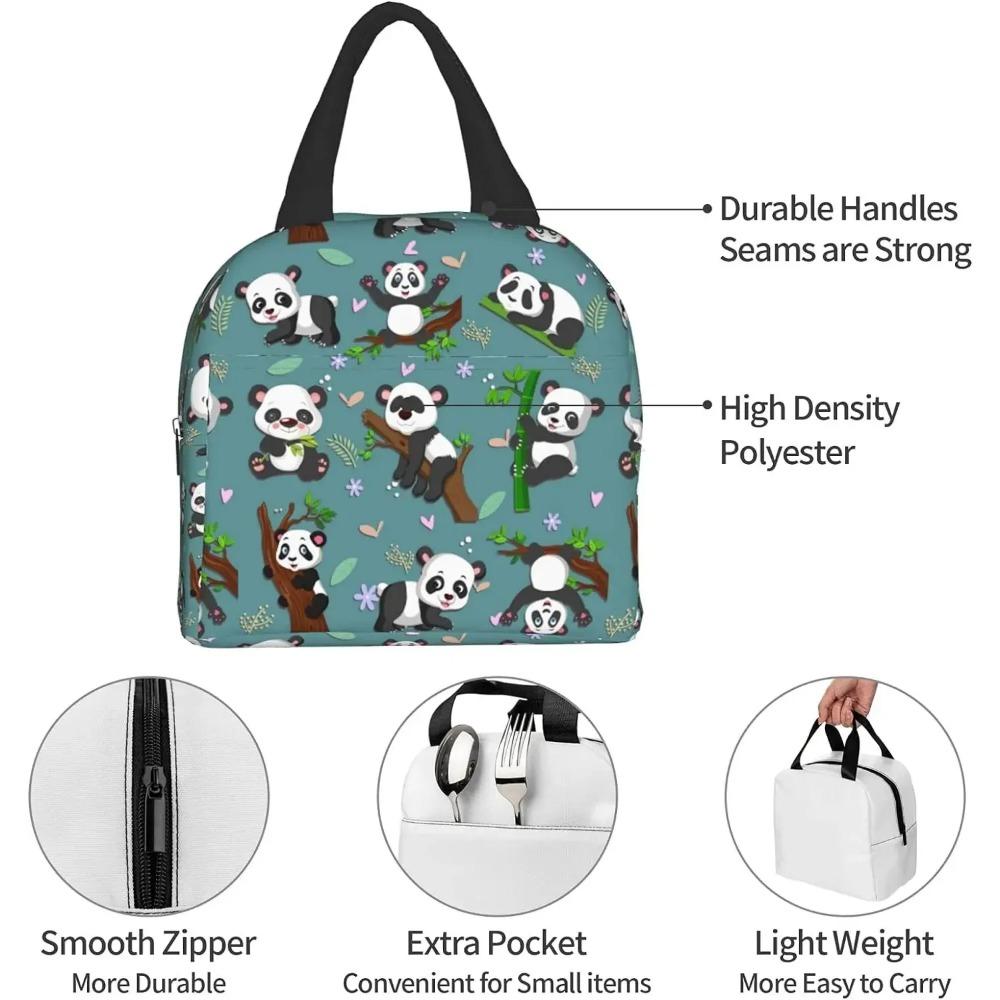 Kawaii Panda Insulated Lunch Bag with Front Pocket Reusable Cooler Tote with Zipper for Women Girls Travel Picnic Bento Bag
