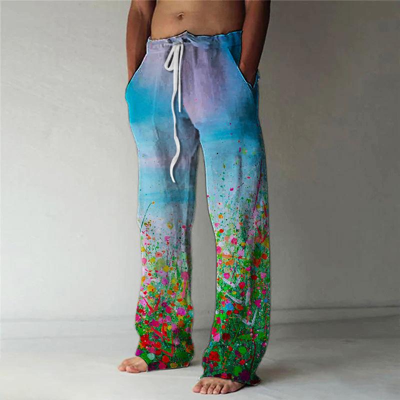 Módní pánské kalhoty 3D digitální potisk pohodlné plátěné široké kalhoty trend univerzální rovné kalhoty