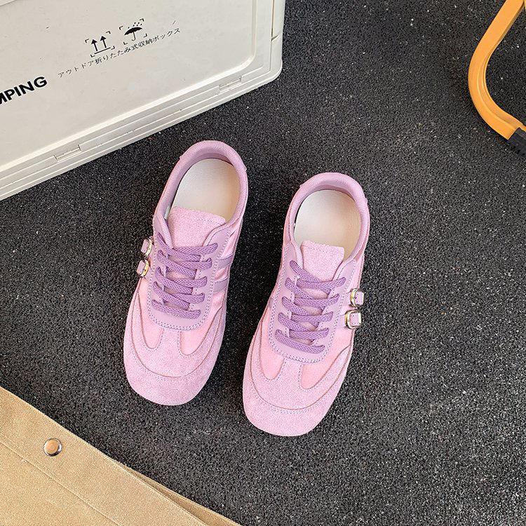 

Модная пряжка ремня ретро желтые немецкие тренировочные туфли женские 2025 весна и лето новая кожа мягкая подошва удобные повседневные спортивные туфли 35 фиолетовый