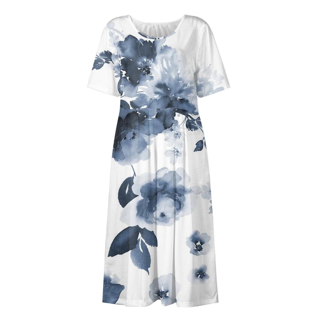 Damen-Freizeitkleider, bedruckte Kleider, Sommerkleider, bedruckt, plissiert, Rundhals-Midi-Kleider, Basic, klassisch, Outdoor, täglich, kurzärmelig, lockere Kleider