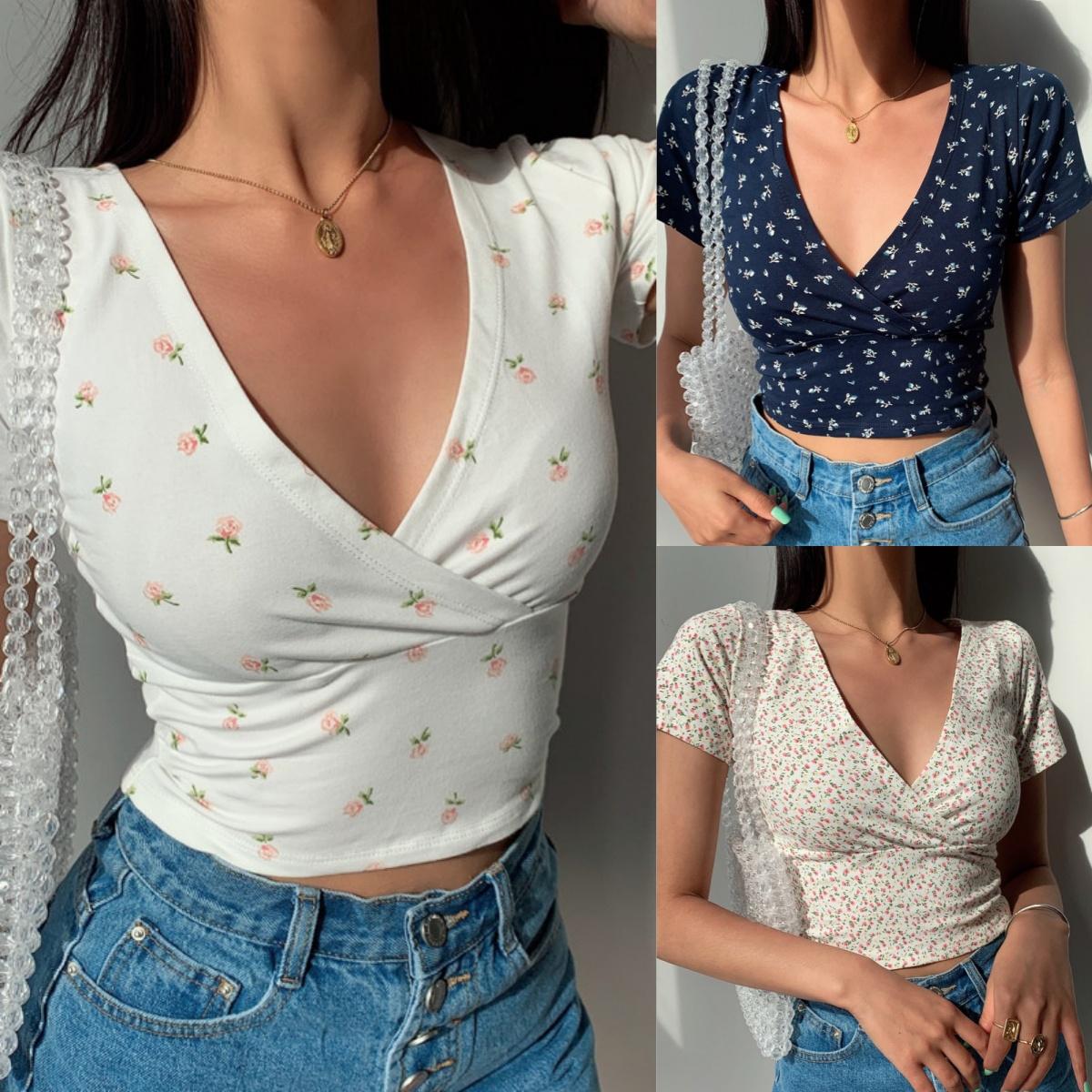 

Летняя футболка с v-образным вырезом и коротким рукавом в стиле ретро, ​​облегающий женский топ с высокой талией в стиле Y2k, укороченные топы в уличном стиле, футболка