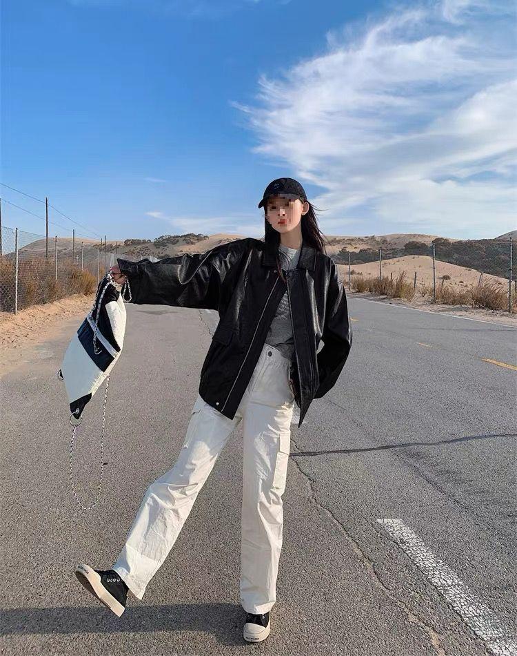 Women's Retro Brown Short Leather Jacket - 2026 Korean Style, Loose Fit, Cool Motorcycle Design for Spring/Autumn