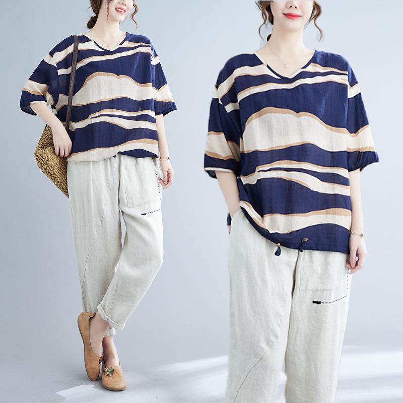 Summer Printed Short-sleeved T-shirt V-neck Cotton and Linen Loose Large-size Women's Top T-shirt Cotton and Linen Shirt