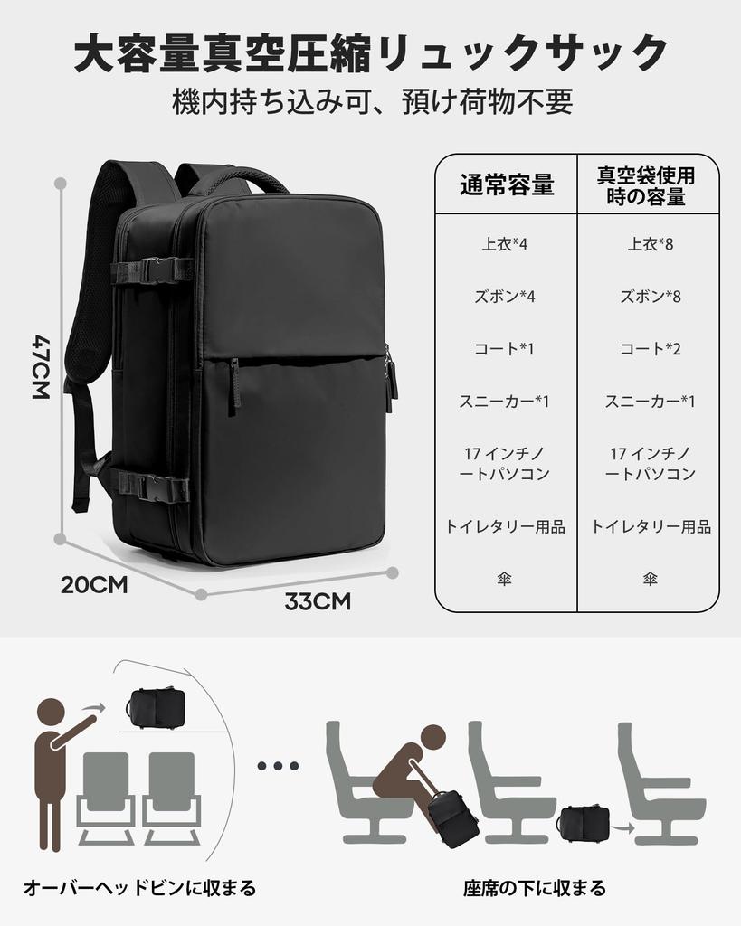 Sikazan 60L Vakuum-Kompression Rucksack für Herren, Wasserdicht und Staubdicht Reise Rucksack, Großes Fassungsvermögen, Passt für 14/15,6/17-Zoll Laptops, Notfall/Auto