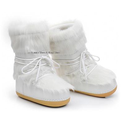 Botas de Neve de Inverno da Moda Botas Femininas Fofas Peludas Cano Médio Plataforma Salto Baixo Botas Brancas de Esqui Sapatos de Algodão Quentes de Pelúcia Com Cadarço