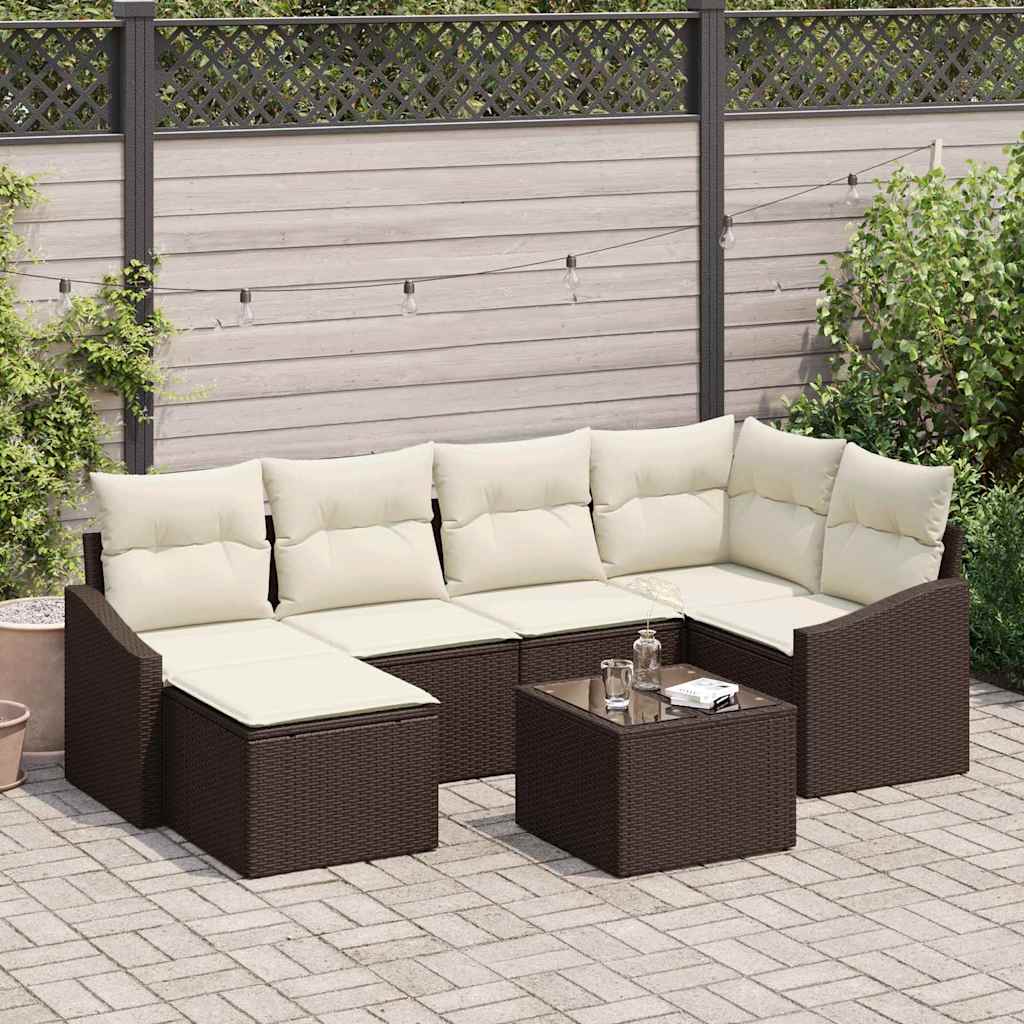 7 Piece Brown Poly Rattan Sofa Set with Cushions